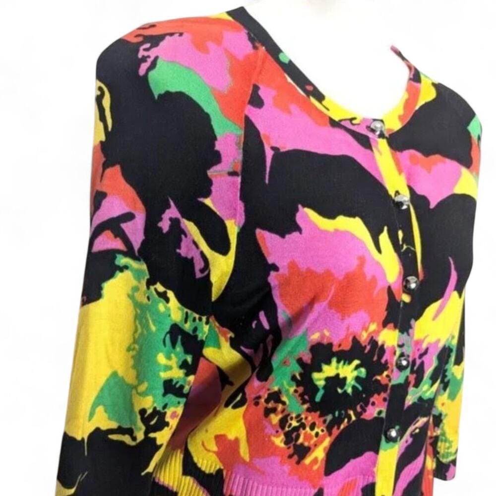 St John SoCa Abstract Floral Wool Silk Cashmere Cardigan Black Pink Yellow sz S - Picture 3 of 6